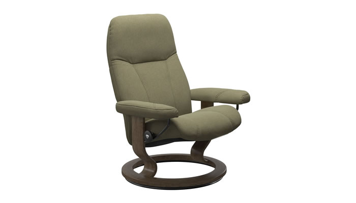 Stressless Consul Classic Recliner and Stool in Calido Light Green Fabric with Smoked Oak Wood Stain